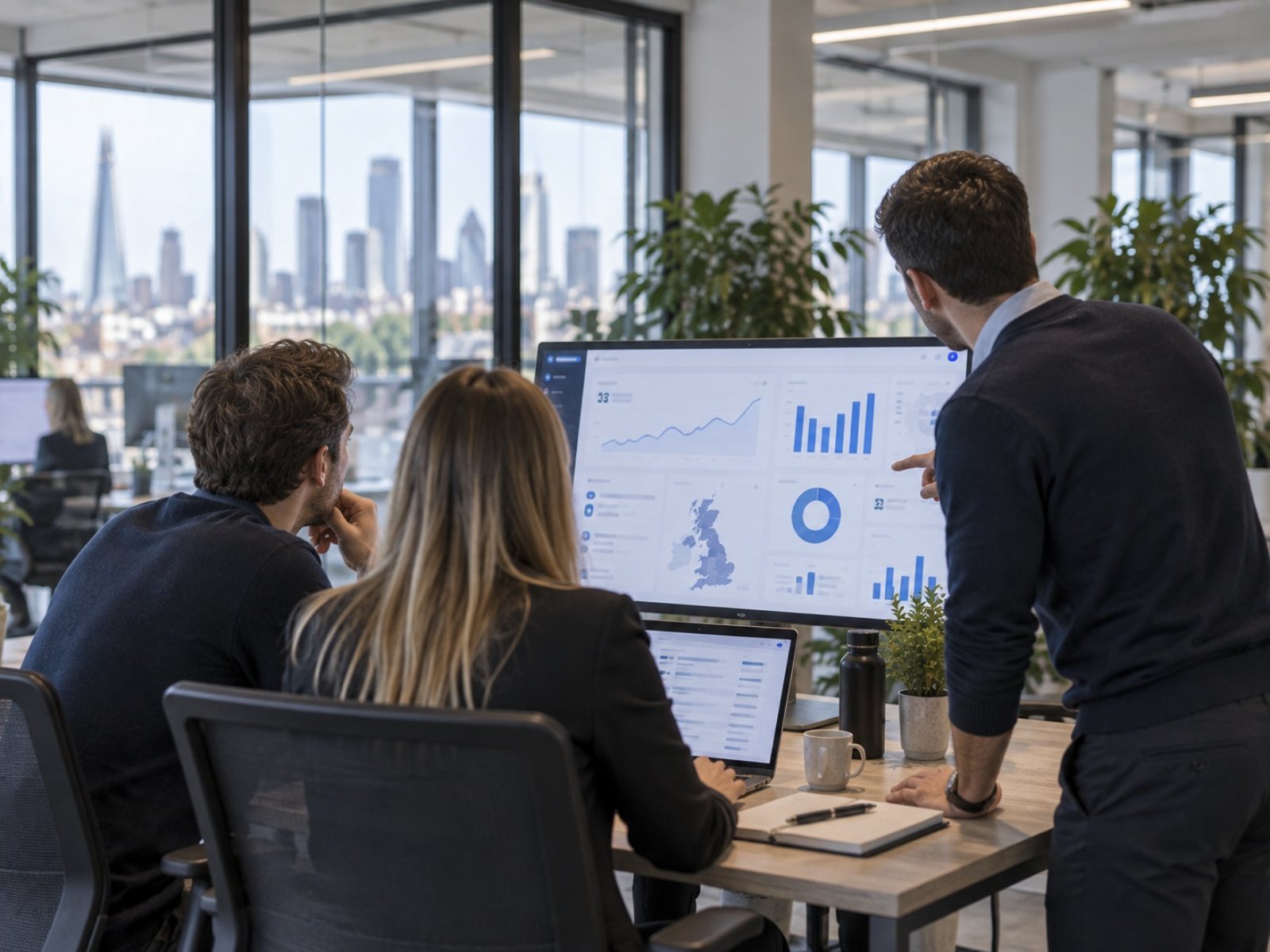 Leads Bank account managers reviewing campaign performance in a London office