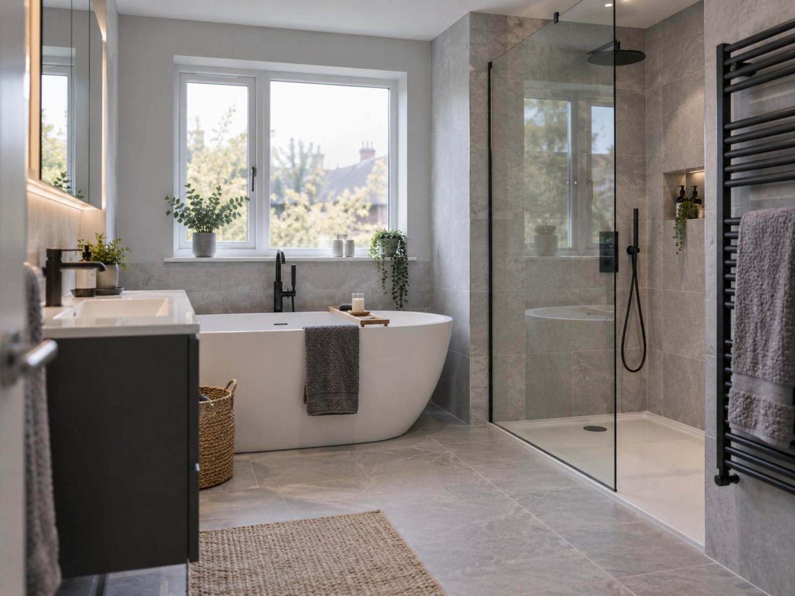 Newly fitted modern bathroom with freestanding bath and walk-in shower