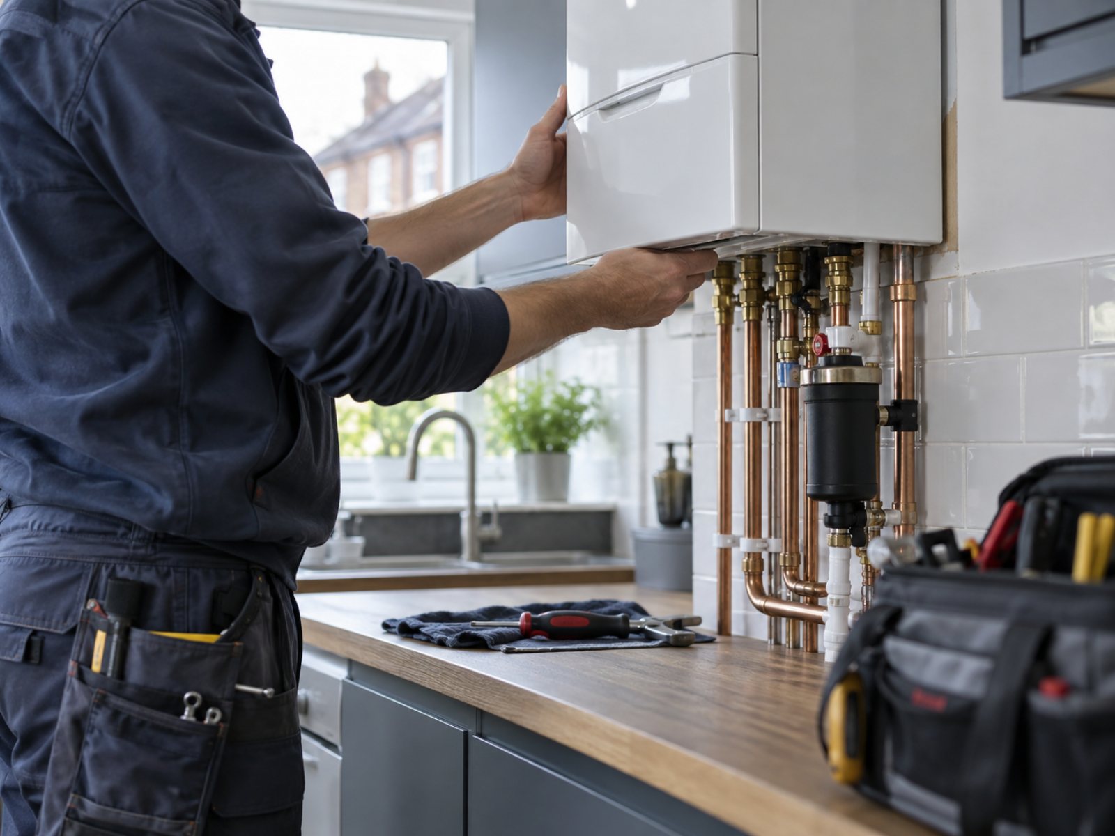 Engineer fitting a combi boiler