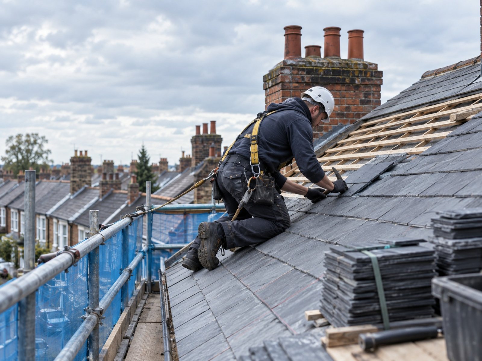 Roofer fitting slate tiles